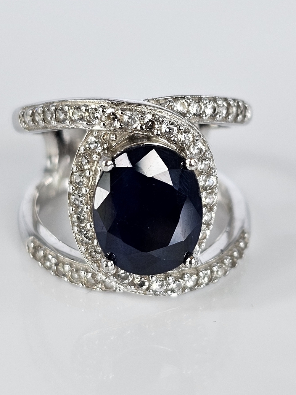 Genuine Blue Sapphire & White Zircon Ring Sterling Silver Rhodium Overlay Size 8